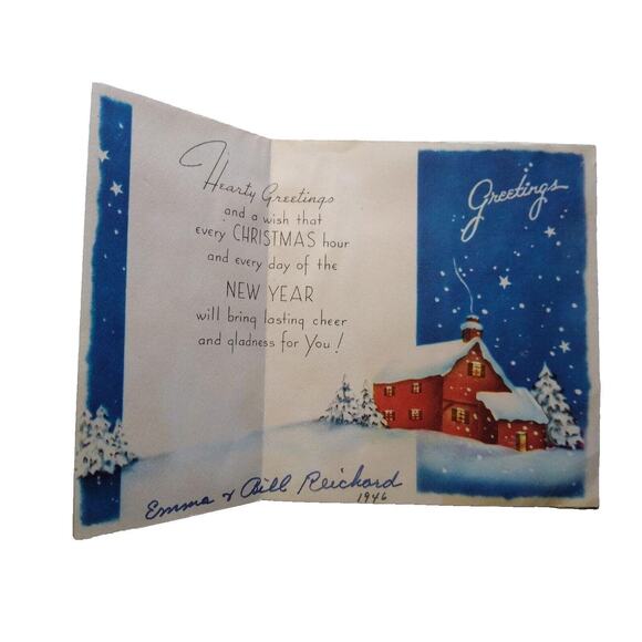 Christmas Greeting Card Vintage Mid Century Modern Snow Covered Home Moon Stars - Picture 2 of 3